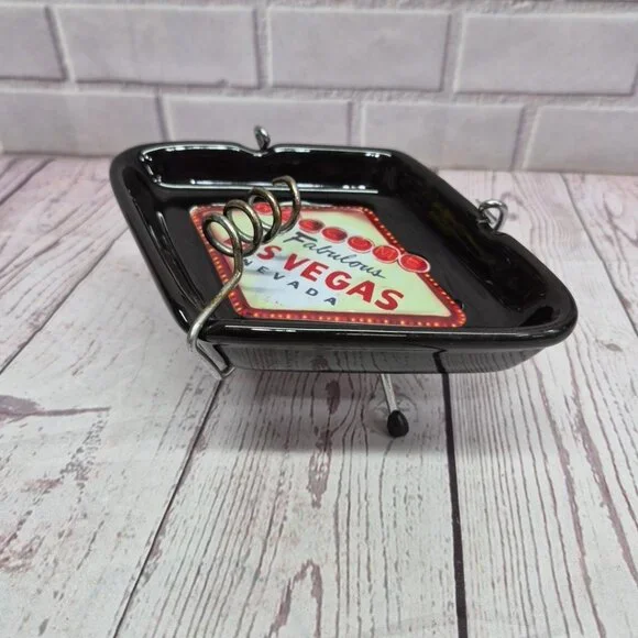 Vintage Las Vegas Ashtray Black Diamond Footed Stand Welcome to Fabulous Ceramic - Picture 1 of 9